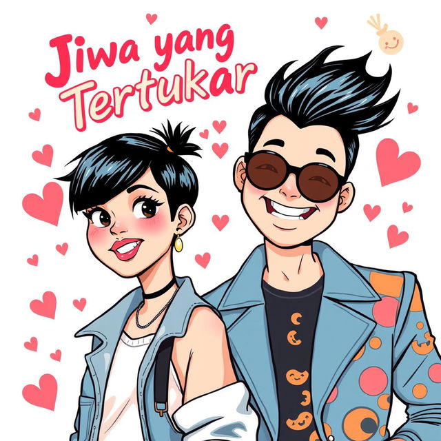 A captivating cover illustration for the novel titled 'Jiwa yang Tertukar', featuring a beautiful tomboy woman with a stylish short haircut and fashionable casual attire, embodying confidence and charm