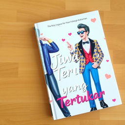 A beautiful tomboy woman and an elegant, flamboyant man are depicted on the cover of a novel titled 'Jiwa yang Tertukar'