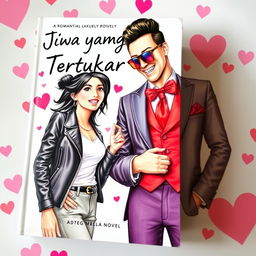 A beautiful tomboy woman and an elegant, flamboyant man are depicted on the cover of a novel titled 'Jiwa yang Tertukar'
