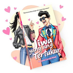 A beautiful tomboy woman and an elegant, flamboyant man are depicted on the cover of a novel titled 'Jiwa yang Tertukar'
