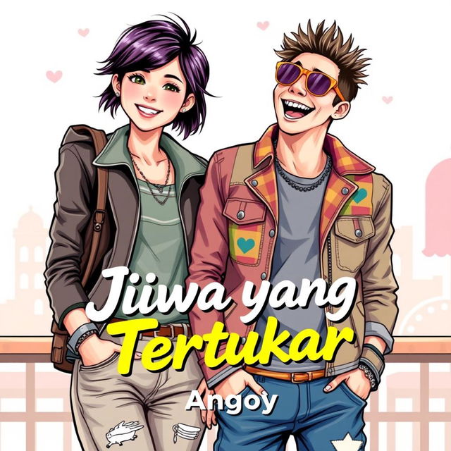 A novel cover featuring a beautiful tomboy woman and a flamboyant gay man, showcasing both characters with vibrant personalities