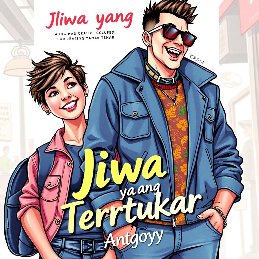 A novel cover featuring a beautiful tomboy woman and a flamboyant gay man, showcasing both characters with vibrant personalities