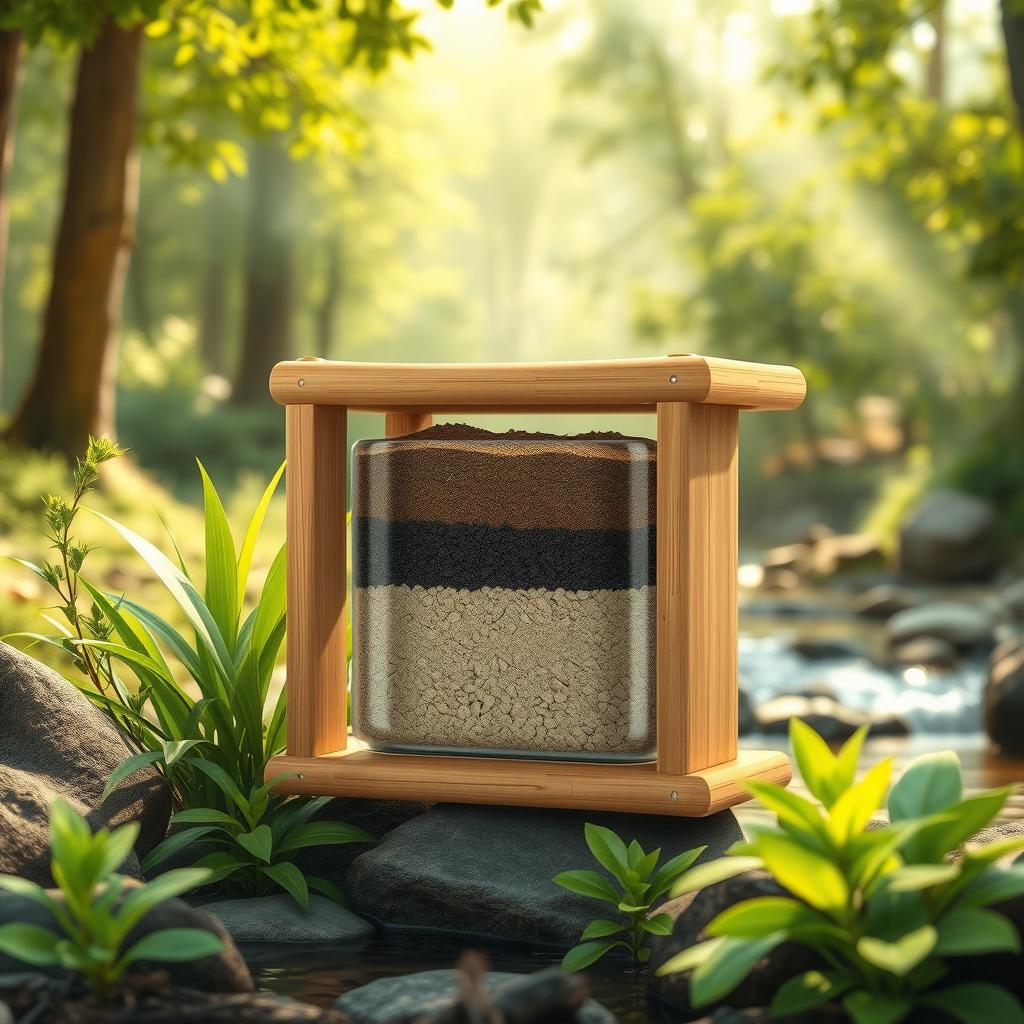 A captivating illustration of a water purifier crafted from natural materials, showcasing a sustainable design