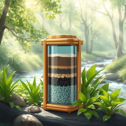 A captivating illustration of a water purifier crafted from natural materials, showcasing a sustainable design
