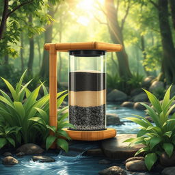 A captivating illustration of a water purifier crafted from natural materials, showcasing a sustainable design