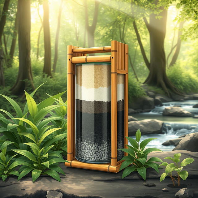 A captivating illustration of a water purifier crafted from natural materials, showcasing a sustainable design