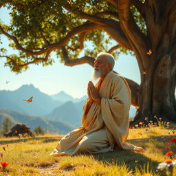 A serene and inspirational scene depicting a person in a peaceful outdoor setting, wholeheartedly engaged in the act of prayer