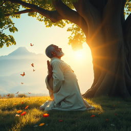 A serene and inspirational scene depicting a person in a peaceful outdoor setting, wholeheartedly engaged in the act of prayer