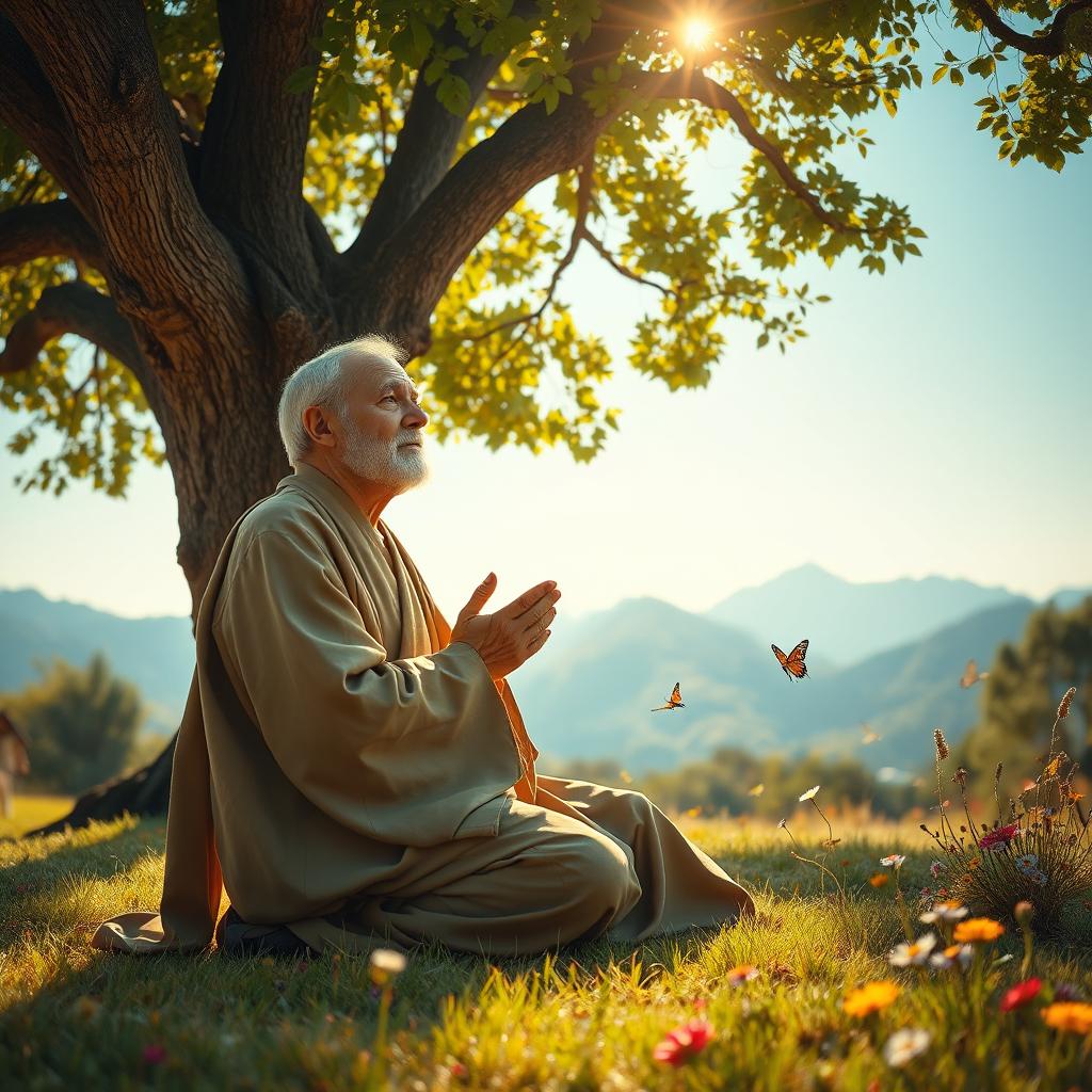 A serene and inspirational scene depicting a person in a peaceful outdoor setting, wholeheartedly engaged in the act of prayer