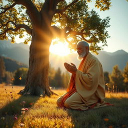A serene and inspirational scene depicting a person in a peaceful outdoor setting, wholeheartedly engaged in the act of prayer