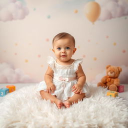 A whimsical baby photoshoot setting featuring a beautifully designed background with soft pastel colors