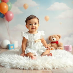 A whimsical baby photoshoot setting featuring a beautifully designed background with soft pastel colors