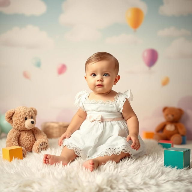 A whimsical baby photoshoot setting featuring a beautifully designed background with soft pastel colors