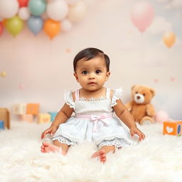 A whimsical baby photoshoot setting featuring a beautifully designed background with soft pastel colors