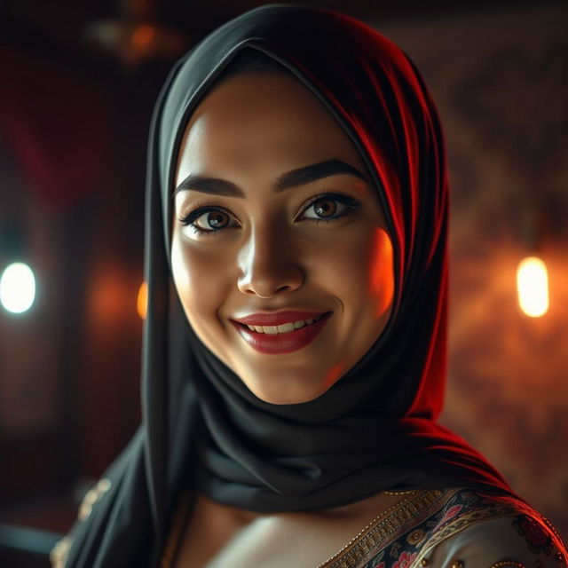 A stunning and beautiful young woman with a hijab, in a dimly lit and intimate setting, showcasing her alluring smile and captivating eyes