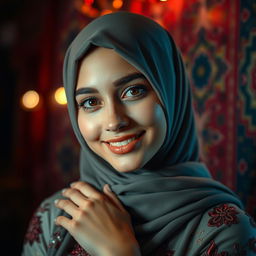 A stunning and beautiful young woman with a hijab, in a dimly lit and intimate setting, showcasing her alluring smile and captivating eyes