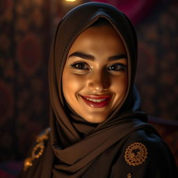 A stunning and beautiful young woman with a hijab, in a dimly lit and intimate setting, showcasing her alluring smile and captivating eyes