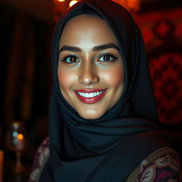 A stunning and beautiful young woman with a hijab, in a dimly lit and intimate setting, showcasing her alluring smile and captivating eyes