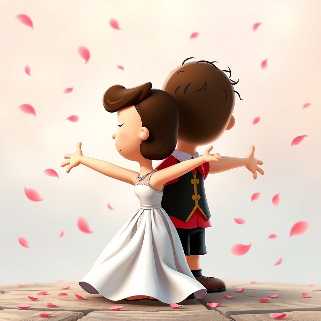 Characters from the Peanuts comic strip, featuring Charlie Brown as Romeo and Lucy as Juliet, are in a romantic pose where Charlie Brown embraces Lucy from behind