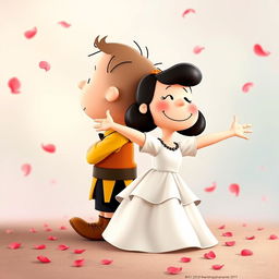 Characters from the Peanuts comic strip, featuring Charlie Brown as Romeo and Lucy as Juliet, are in a romantic pose where Charlie Brown embraces Lucy from behind