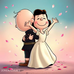 Characters from the Peanuts comic strip, featuring Charlie Brown as Romeo and Lucy as Juliet, are in a romantic pose where Charlie Brown embraces Lucy from behind