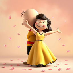 Characters from the Peanuts comic strip, featuring Charlie Brown as Romeo and Lucy as Juliet, are in a romantic pose where Charlie Brown embraces Lucy from behind