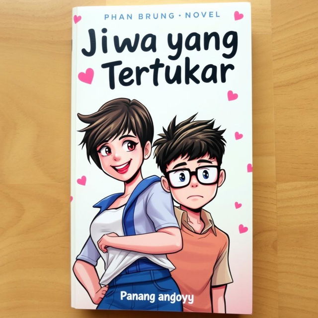 A captivating book cover illustration for a novel titled 'Jiwa yang Tertukar', featuring a courageous and beautiful tomboyish woman with short hair and a confident smile, standing boldly in the foreground