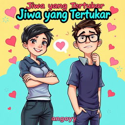 A captivating book cover illustration for a novel titled 'Jiwa yang Tertukar', featuring a courageous and beautiful tomboyish woman with short hair and a confident smile, standing boldly in the foreground