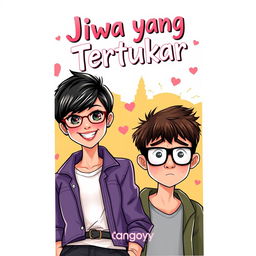A captivating book cover illustration for a novel titled 'Jiwa yang Tertukar', featuring a courageous and beautiful tomboyish woman with short hair and a confident smile, standing boldly in the foreground