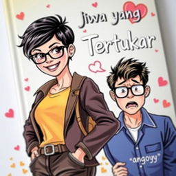 A captivating book cover illustration for a novel titled 'Jiwa yang Tertukar', featuring a courageous and beautiful tomboyish woman with short hair and a confident smile, standing boldly in the foreground