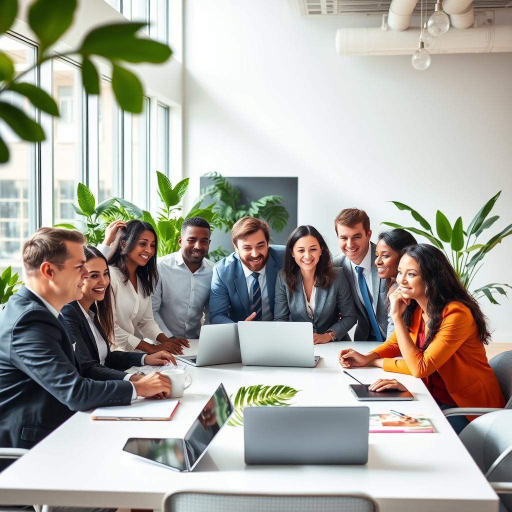 An office scene showcasing a diverse group of professionals engaged in a lively discussion around a modern conference table