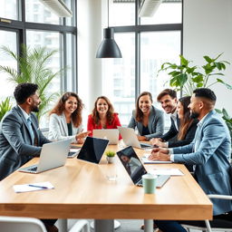 An office scene showcasing a diverse group of professionals engaged in a lively discussion around a modern conference table