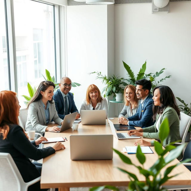 An office scene showcasing a diverse group of professionals engaged in a lively discussion around a modern conference table