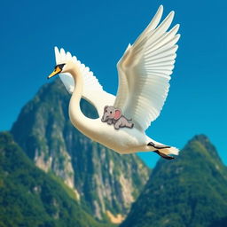 A whimsical scene depicting a majestic swan soaring gracefully through a clear blue sky, its wings outstretched as it carries a small, cartoonish elephant on its back
