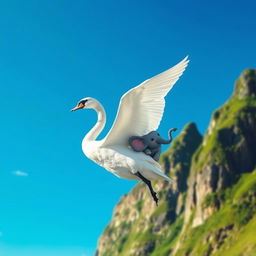 A whimsical scene depicting a majestic swan soaring gracefully through a clear blue sky, its wings outstretched as it carries a small, cartoonish elephant on its back