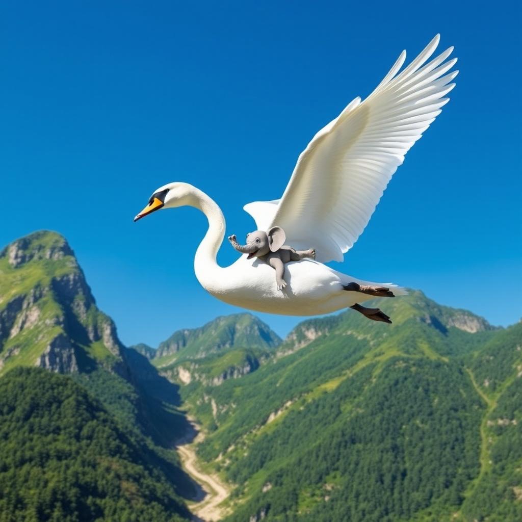 A whimsical scene depicting a majestic swan soaring gracefully through a clear blue sky, its wings outstretched as it carries a small, cartoonish elephant on its back