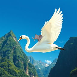 A whimsical scene depicting a majestic swan soaring gracefully through a clear blue sky, its wings outstretched as it carries a small, cartoonish elephant on its back