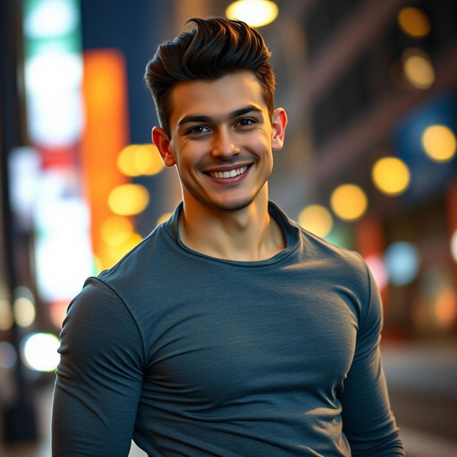 A handsome man with chiseled features, styled hair, and a confident expression, wearing a stylish fitted shirt and jeans, standing against an urban backdrop