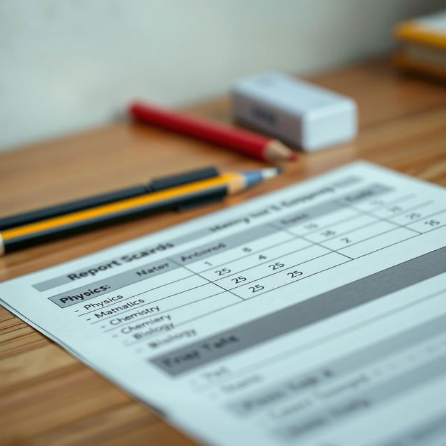 A close-up view of a student's academic report card displayed on a wooden desk