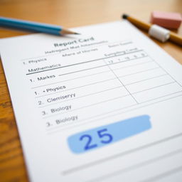 A close-up view of a student's academic report card displayed on a wooden desk