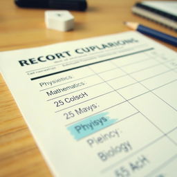 A close-up view of a student's academic report card displayed on a wooden desk