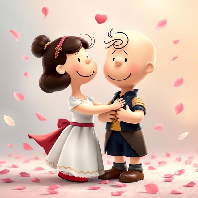 Characters from the Peanuts comic strip, namely Charlie Brown as Romeo and Lucy as Juliet, are depicted in a romantic embrace