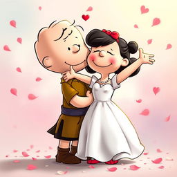 Characters from the Peanuts comic strip, namely Charlie Brown as Romeo and Lucy as Juliet, are depicted in a romantic embrace