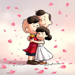 Characters from the Peanuts comic strip, namely Charlie Brown as Romeo and Lucy as Juliet, are depicted in a romantic embrace