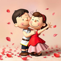 Characters from the Peanuts comic strip, namely Charlie Brown as Romeo and Lucy as Juliet, are depicted in a romantic embrace