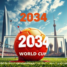 A vibrant Facebook post image featuring an orange football representing the 2034 World Cup