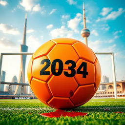 A vibrant Facebook post image featuring an orange football representing the 2034 World Cup