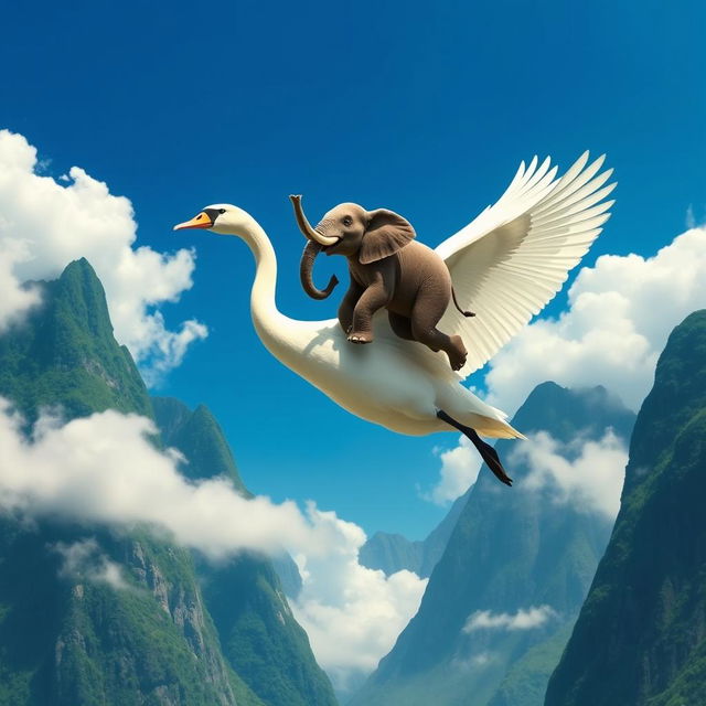 A fantastical scene depicting a large, graceful swan soaring through a vibrant blue sky, effortlessly flying while carrying a big elephant perched on its back