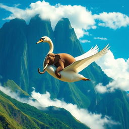 A fantastical scene depicting a large, graceful swan soaring through a vibrant blue sky, effortlessly flying while carrying a big elephant perched on its back