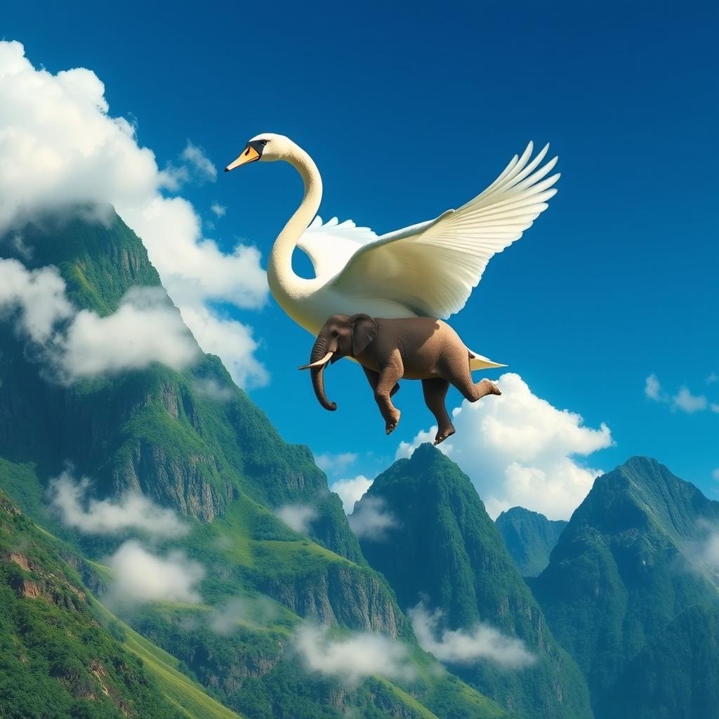 A fantastical scene depicting a large, graceful swan soaring through a vibrant blue sky, effortlessly flying while carrying a big elephant perched on its back